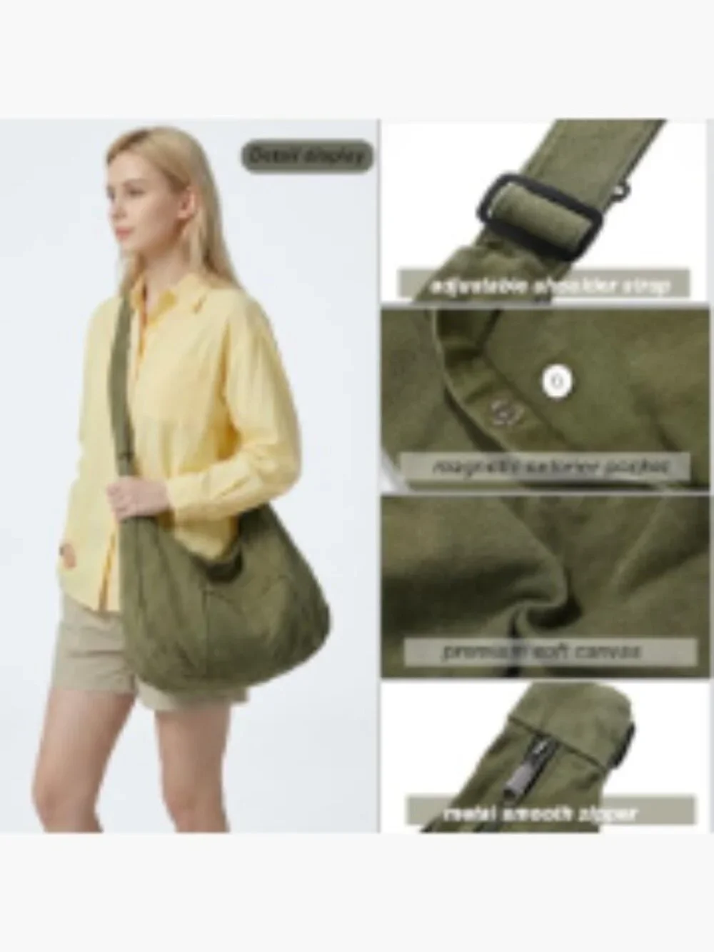Canvas Hobo Crossbody Tote Bag with Zipper, Adjustable Strap, Fits 13-14